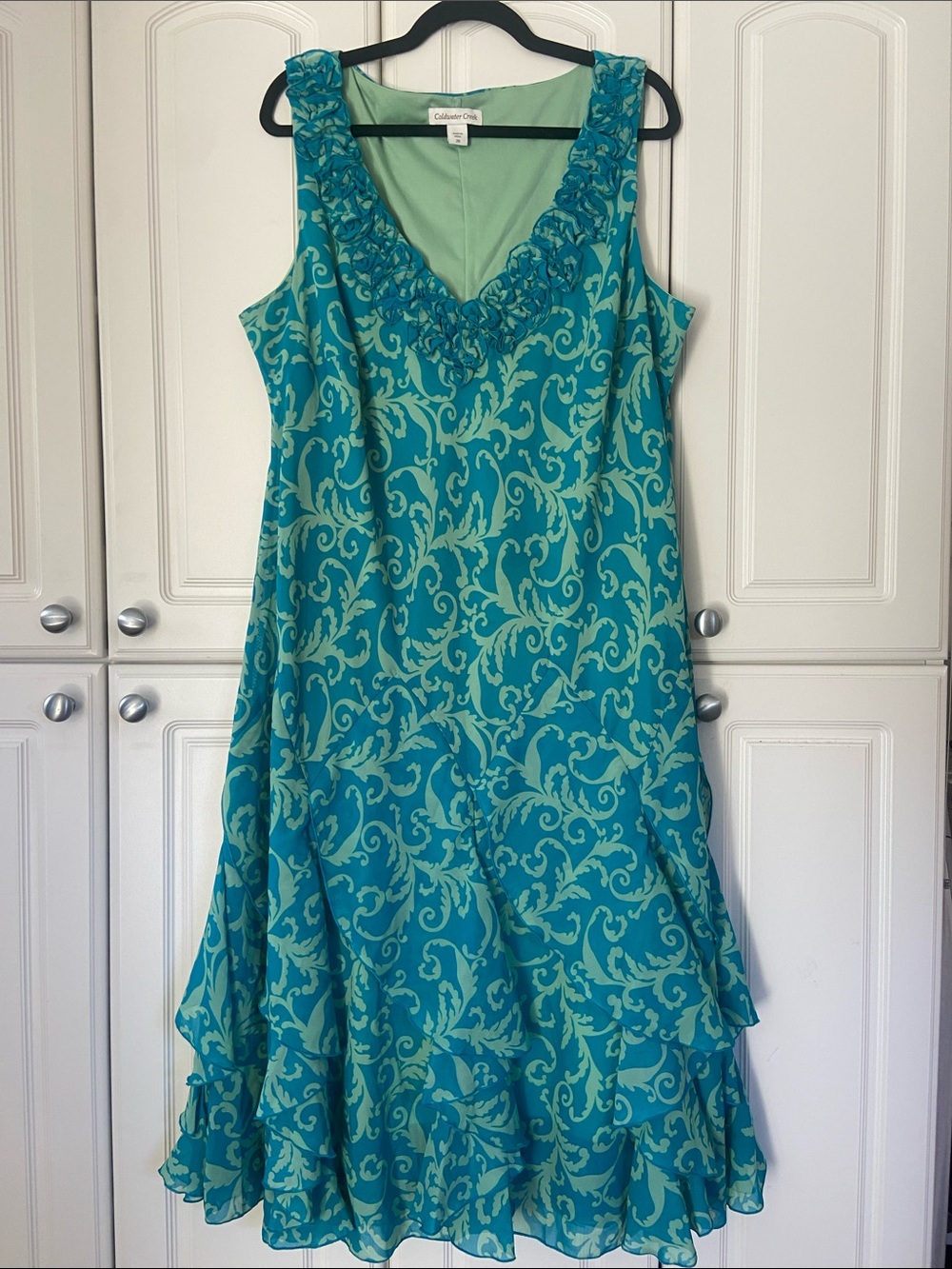Coldwater Creek Teal & Light Green Floral and Ruffles V-Neck Midi Dress
